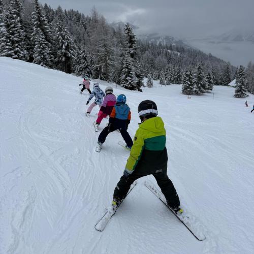 Kinder beim Schifahren von hinten