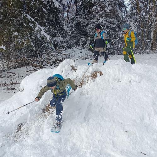 Kinder springen mit Schneeschuhen über einen Hügel