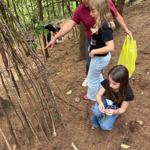 Kinder bauen mit Ästen eine Hütte