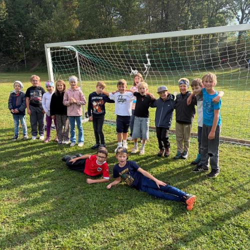 Kinder stehen im Tor, KInder liegen davor auf der Wiese